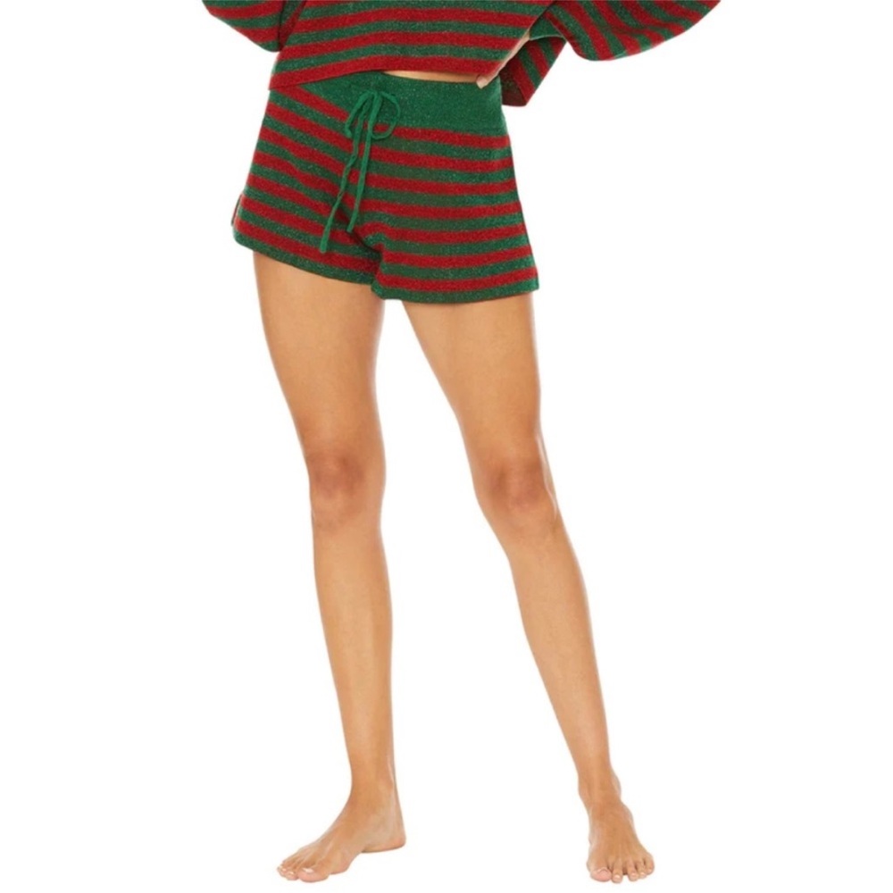 Beach Riot Anthropologie Green & Red Striped Metallic Knit Shorts Medium Holiday - Picture 6 of 8